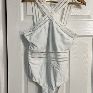 Tiki Bar Getaway White Mesh Cross Front Swim Suit XL